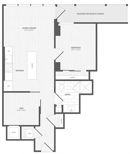 Floor plan 1 Bed/1 Bath Den-B Medley