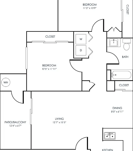 2 Bedroom 1 Bathroom Floorplan Diagram