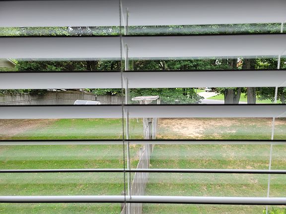 View of the back yard plus the side of the front lawn which leads to an area surrounded by trees.