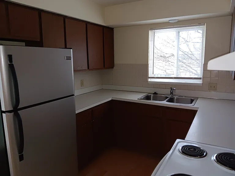 Kitchen sink, dish washer, Electric oven, Family size fridge and storage.
