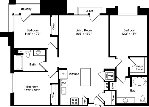 Floor plan Three Bed C1b with Balconies