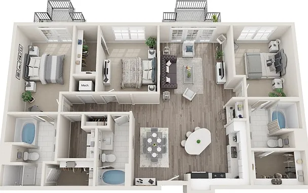 The Texan, Three Bedrooms, Three Bathrooms, 1676 sqft, Laundry Room with Full-Size Washer/Dryer, Two Patios/Balconies The Texan, Three Bedrooms, Three Bathrooms, 1676 sqft, Laundry Room with Full-Size Washer/Dryer, Two Patios/Balconies