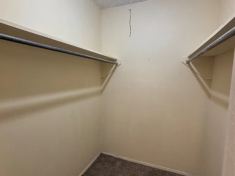 Walk-in closet featuring textured ceiling, neutral-toned walls, and dark brown carpet flooring