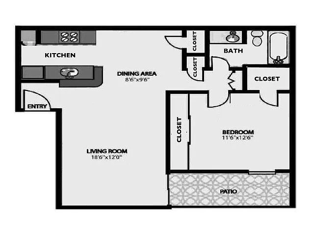 Floor plan 'C-2' - Large 1br/1ba