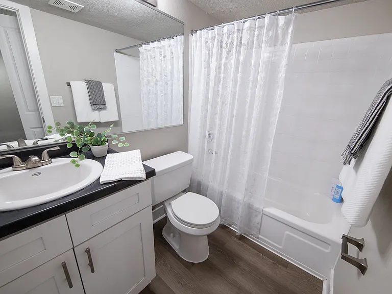 Enjoy the sleek and stylish design of our modern bathrooms featuring ample counter space, contemporary fixtures, wood-style flooring, and large mirrors.