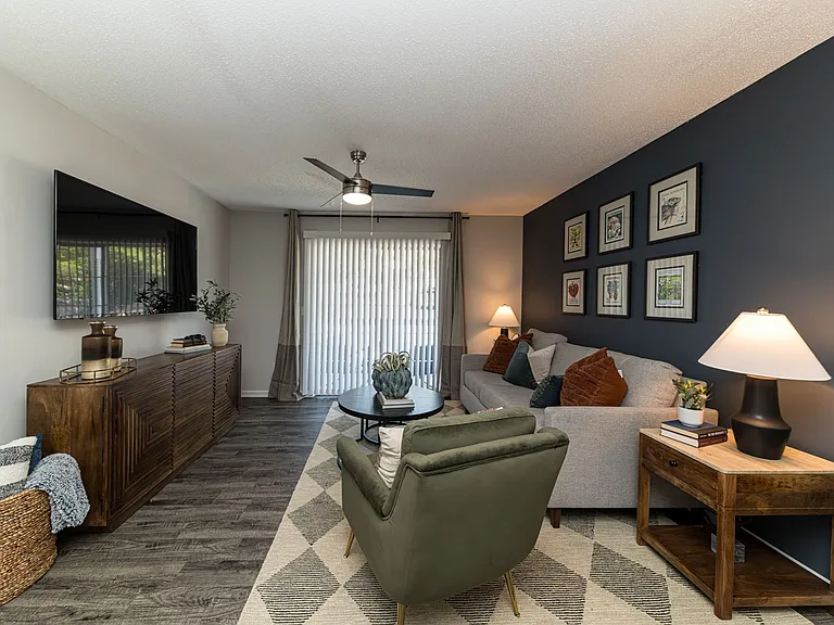 Spacious living room with hardwood-style flooring