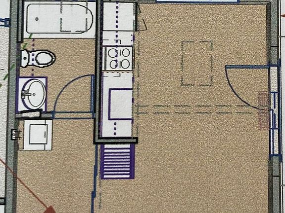 This is the original floor plan. Some modifications have occurred. In the area with the red arrow is the closet and dresser. No W/D.