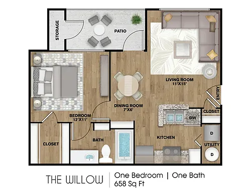 Floor plan 1 Bed, 1 Bath B (75% Income Restricted)