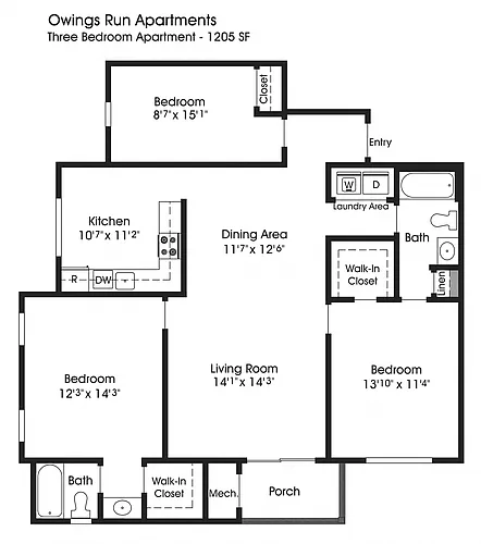 Floor plan 3BR 2BA (1205sf)