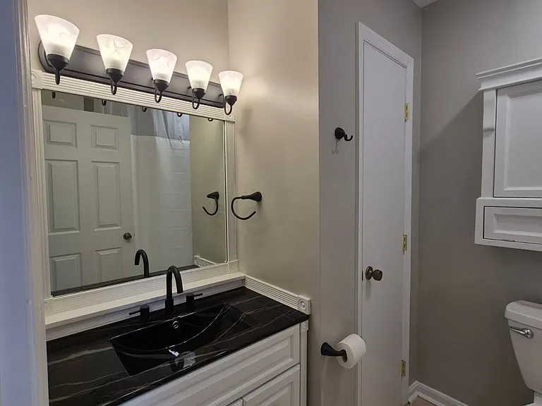Custom installed new sink/counter top and fixtures. Faucet swivels for easy clean up. Large mirror (almost full length for outfit checks) with great lighting.