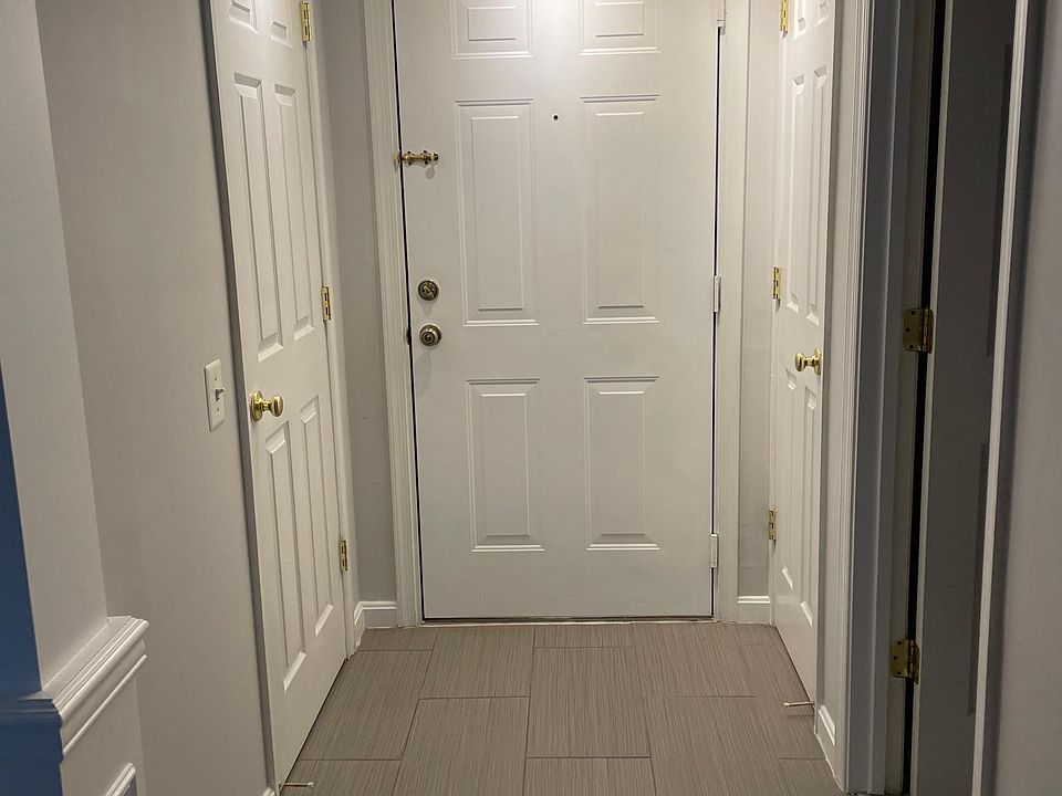 Hall entrance, coat closet on left, additional shelf closet on right.