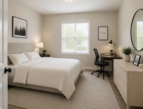 Well-sized bedroom with a full bed, large window with blinds, and a dedicated desk area plus dresser storage.