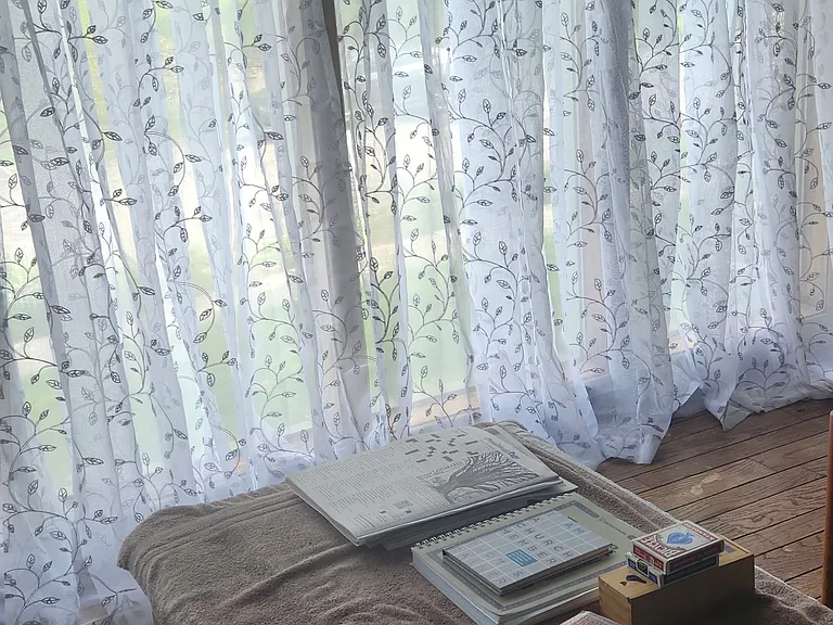 Shared livingroom coffee table view of outside through curtains