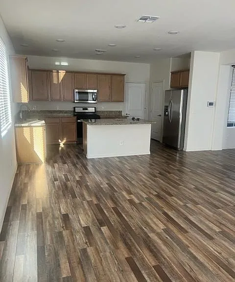 Kitchen, including refrigerator