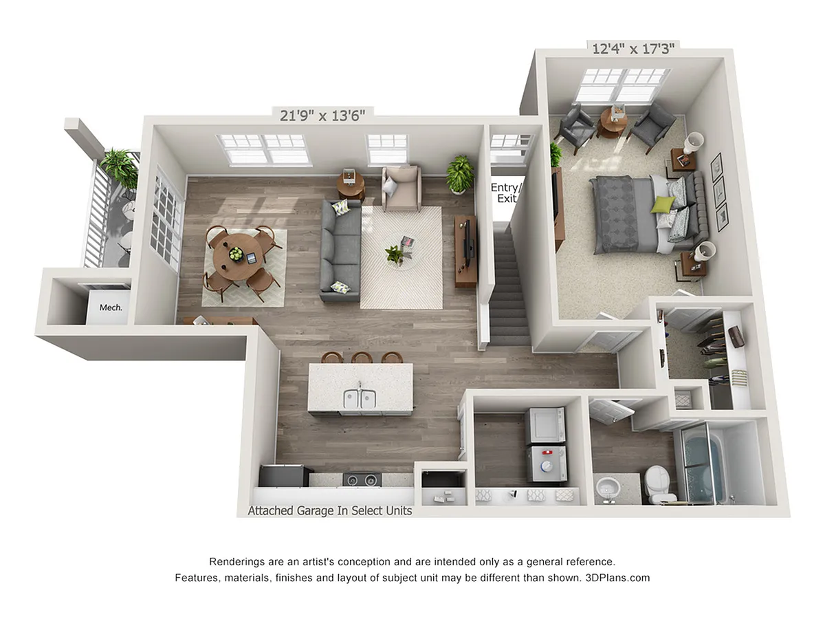 Floor plan 1-Bedroom 1-Bathroom w/ Garage | 947 sqft