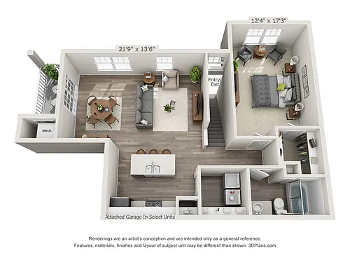 Floor plan 1-Bedroom 1-Bathroom w/ Garage | 947 sqft