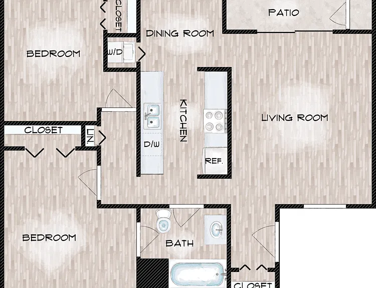 2 Bed 1 Bath Floorplan Diagram