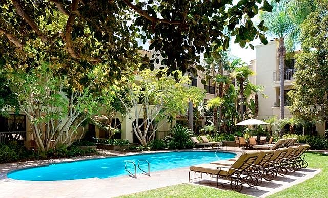 Heated swimming pool in a lush garden setting