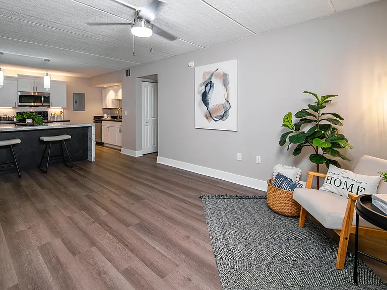 Experience the perfect blend of style and comfort in our open-concept floor plan layouts featuring wood-style flooring.