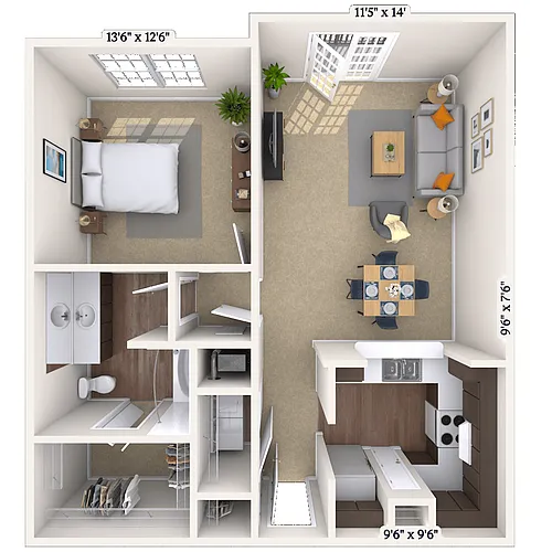 Floor plan Traditional 1x1 776-1412 SF