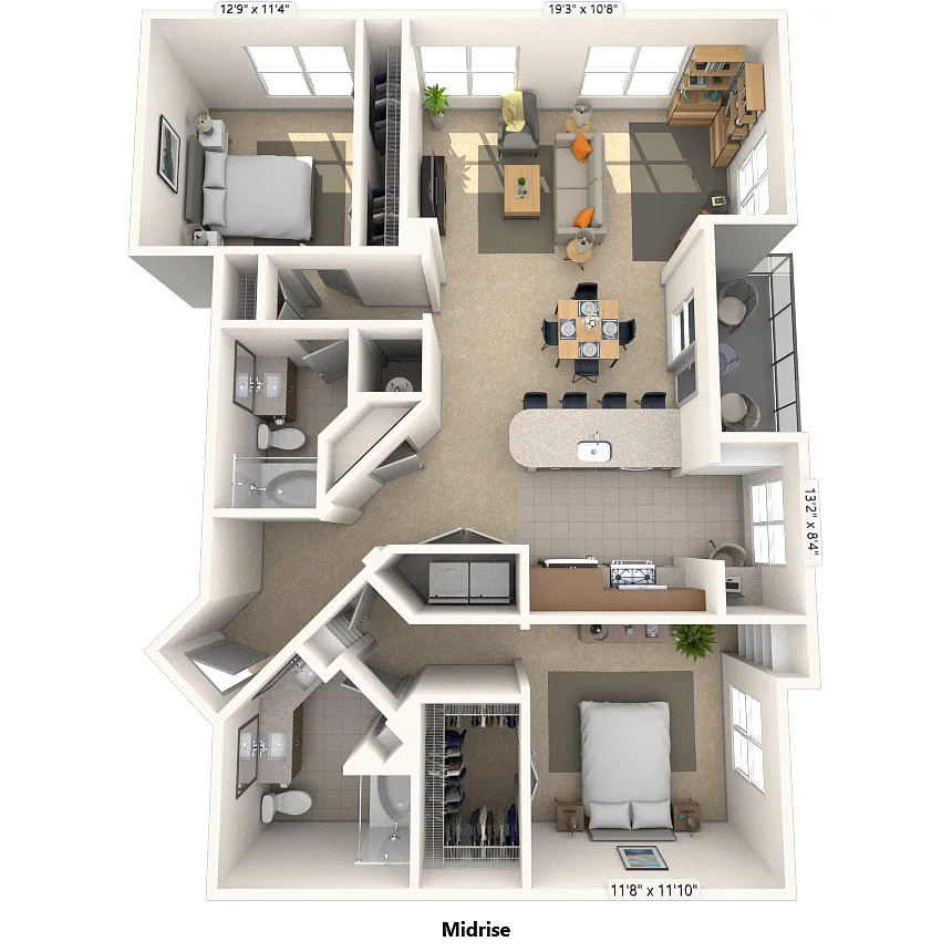 Floor plan Traditional 2x2 1268-1389 SF