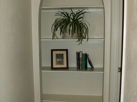 Custom shelves for displaying books, photos, knick-knacks, plants.