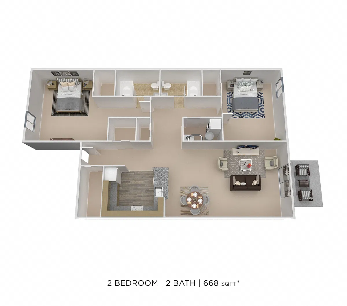 Floor plan Two Bedroom 2 Bath - 655 sqft