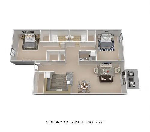 Floor plan Two Bedroom 2 Bath - 655 sqft