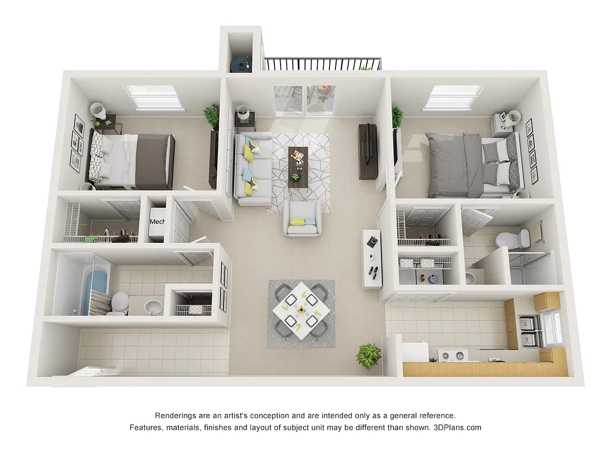 Floor plan 2 Bedroom 2 Bath Apartment Home with 951 Square Fe