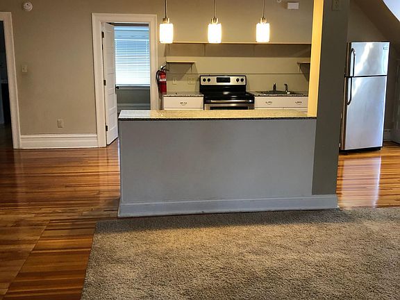kitchen, dining, and living area