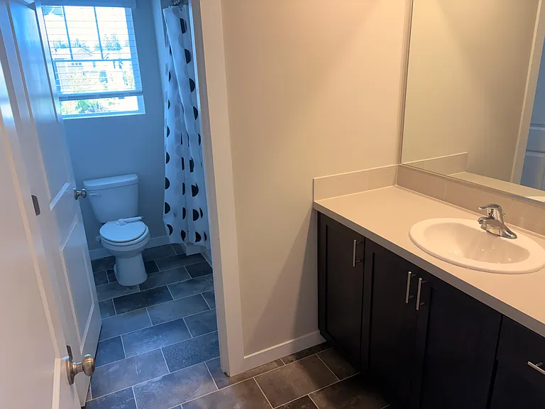 Full bathroom with a spacious vanity, large mirror, and tile flooring, plus a tub/shower combo with window light.