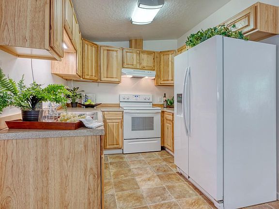 Kitchen, dishwasher, stove and refrigerator.