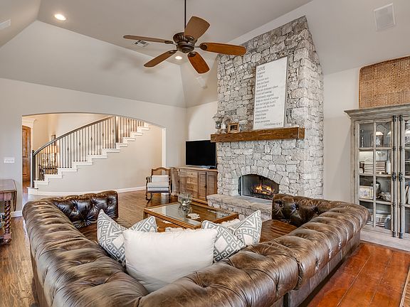 Stacked stone fireplace