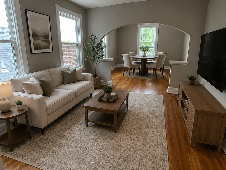 Main living area/Dining.
Virtually staged for illustrative purposes.