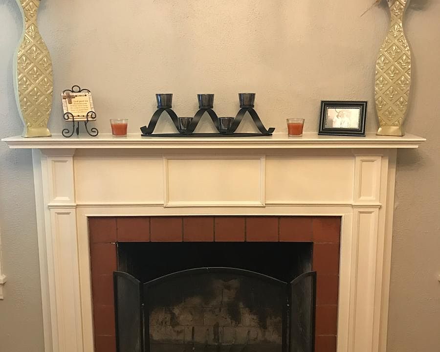 Living room wood burning fireplace
