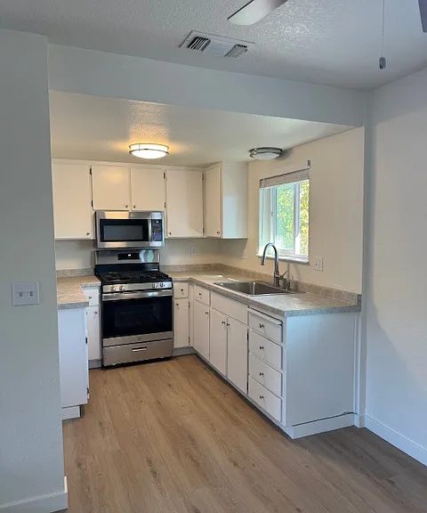 New gas stove, oven & microwave. new counters, sink/faucet & stainless fridge. All new flooring throughout.