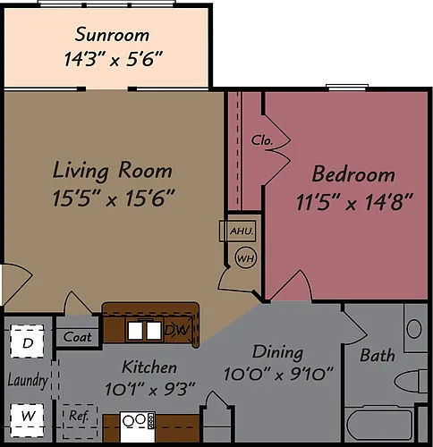 Floor plan 1 Bedroom 1 Bath with Sunroom