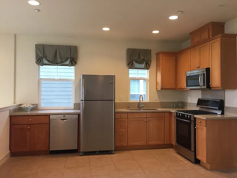 Kitchen with Bosch dishwasher, stove, microwave, fridge, gar