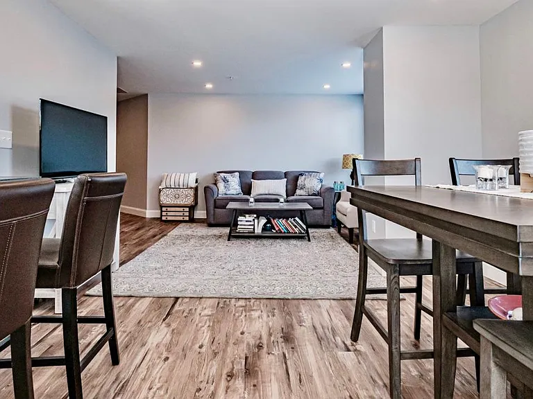 The dining room and living room