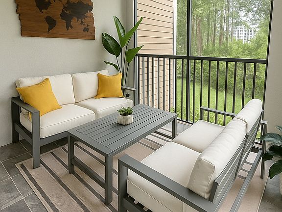 Screened in porch balcony with woodsy views