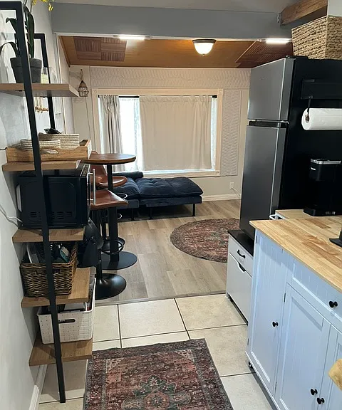 View into living room from kitchen.