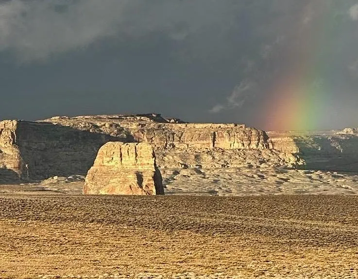 Rainbow after storm, Lone Rock in forefront
