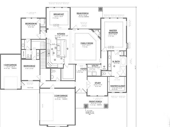 First-floor plan of the home to be built with master and two other bedrooms down.