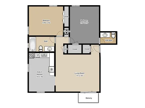 Floor plan Two Bedroom 1.5 Bath