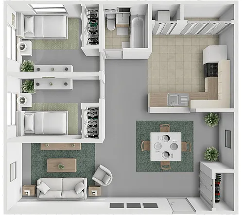 Floor plan 2 Bedroom 1 Bath with Washer and Dryer