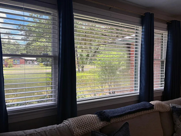 Living Room window looking onto front yard; blackout drapes