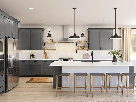 Kitchen with floating shelves and pendant lighting