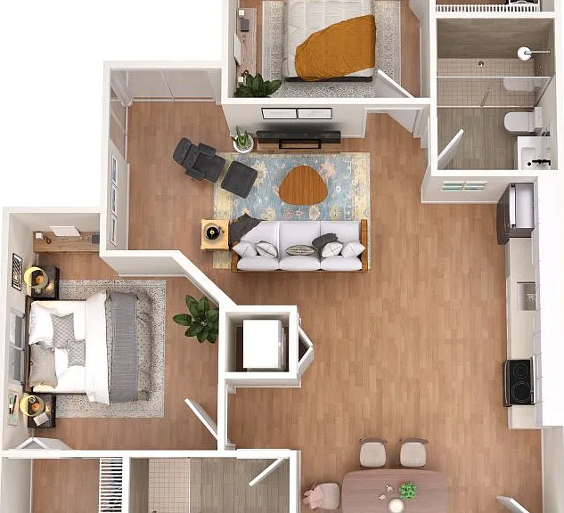 Elegant 2D floor plan with two cozy bedrooms, a stylish open-concept living room, and a modern kitchen and dining area.