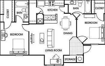 2 Bedroom 2 Bath Floor Plan