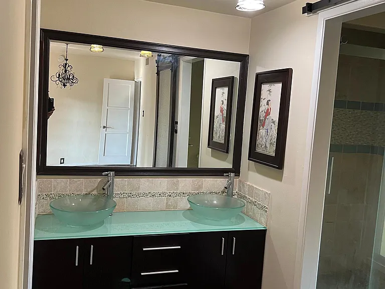 Dual vessel sink vanity in Owner's suite.